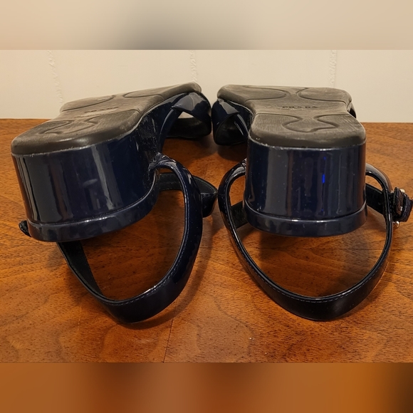 PRADA EUC Navy Blue Patent Leather Low Wedge Sandal Sz 38 1/2 - Picture 12 of 13